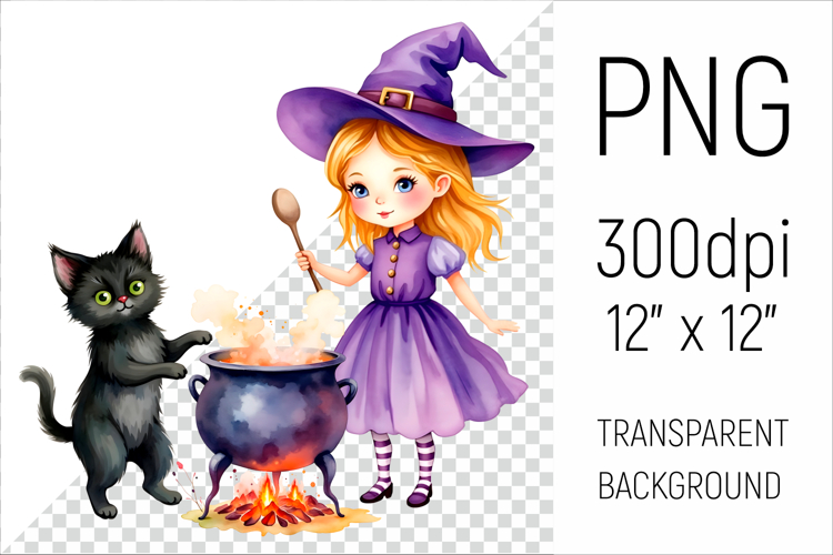 Halloween Witch with Cauldron and Black Cat
