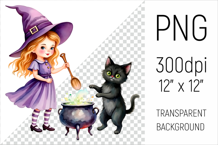 Halloween Witch with Cauldron and Black Cat