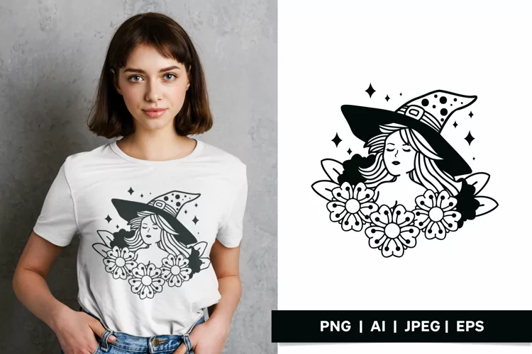 Sparkling Pretty Witch Girl with Blooming Flowers