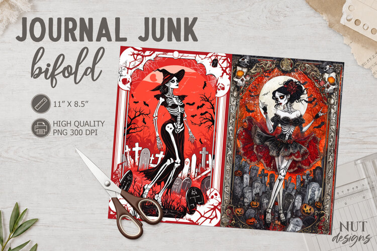 Gothic Skeleton Witch Bifold Journal Junk Lace halloween example image 1