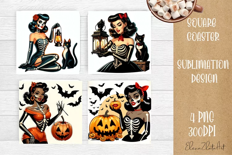 Pin Up Girl Sublimation Coaster | Halloween Square Coaster