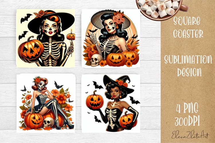 Pin Up Girl Sublimation Coaster | Halloween Square Coaster