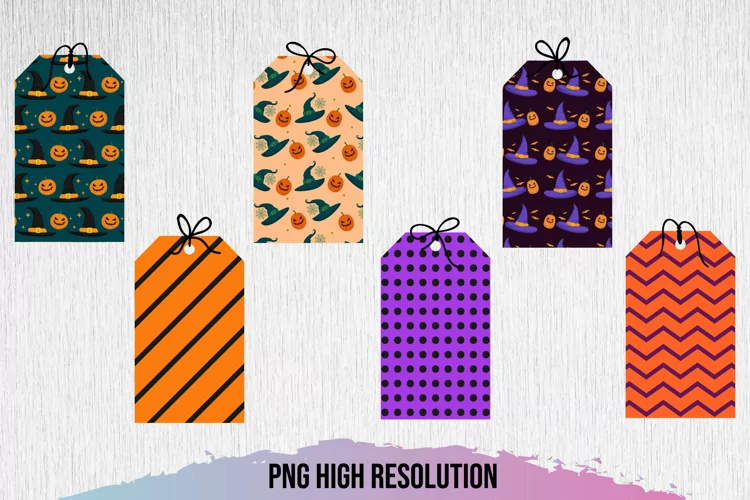 Witch Hat and Pumpkins Patterned Shaped Tags