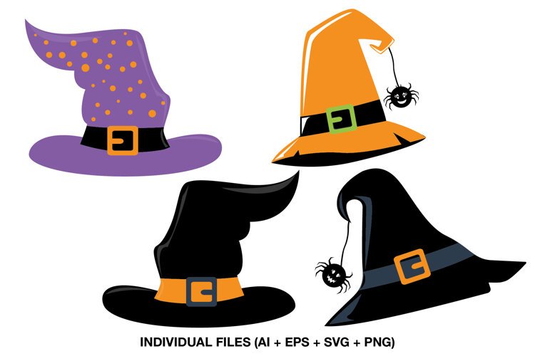 Four colorful witch hat clipart illustrations for Halloween projects