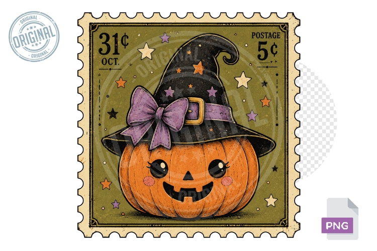 Witch Hat Pumpkin Bow Halloween Stamp PNG Sublimation Art