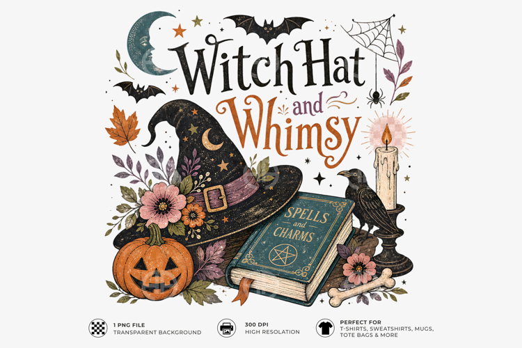 Witch Hat And Whimsy Halloween Sublimation T-Shirt Design