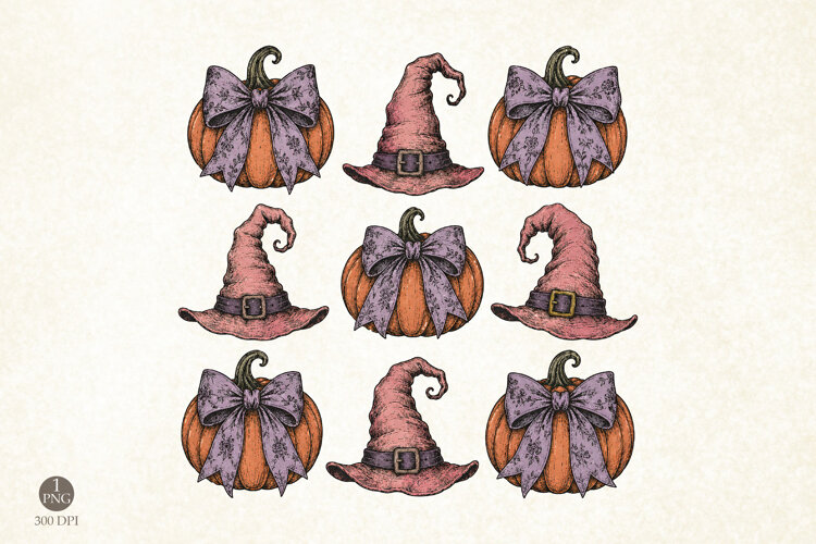 Witch hats and pumpkins Png, Retro halloween shirt print example image 1