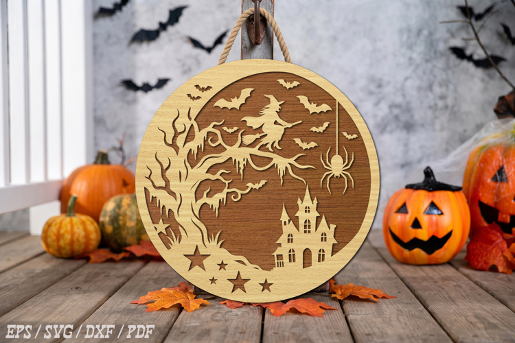 Witch Haunted House Round Door Hanger SVG,Halloween Laser