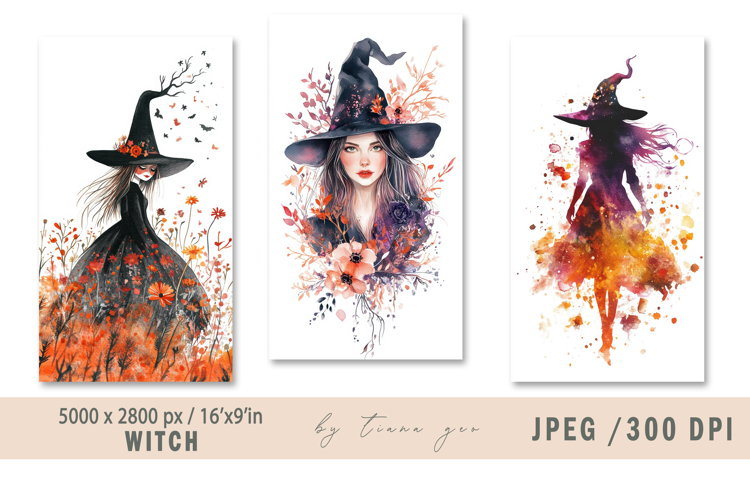 Cute watercolor Halloween witch illustration- 3 jpeg files
