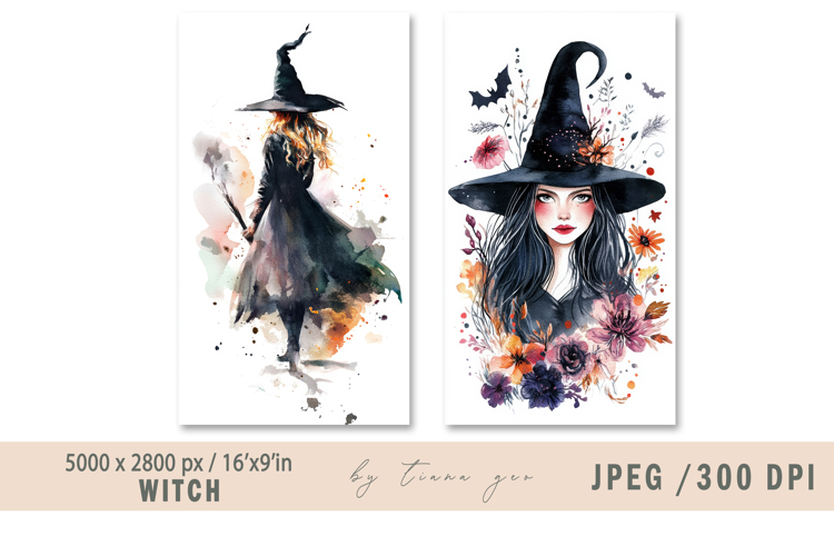 Cute watercolor Halloween witch illustration- 2 jpeg files
