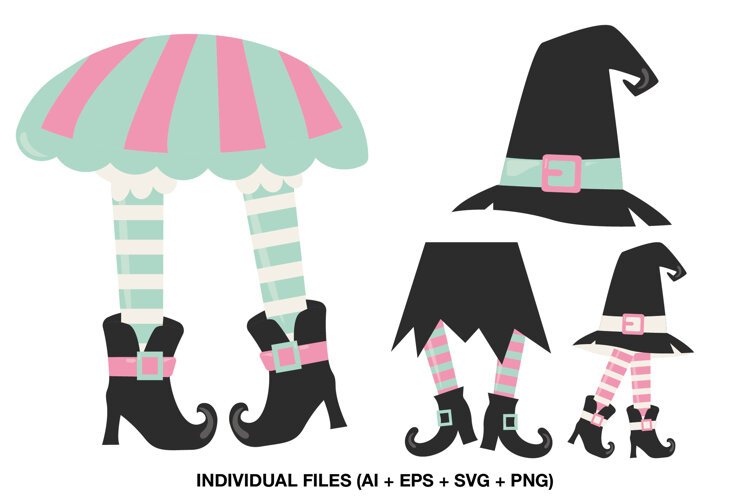 Four cute Halloween witch legs clipart illustrations featuring pastel striped stockings, curly black boots, witch hats and a playful skirt.