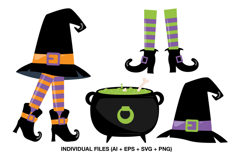 Cute Witch Halloween Clipart, Witch Legs Cauldron and Hat