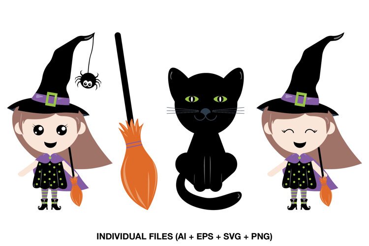 Cute Halloween Witch Clipart with Black Cat and Broom