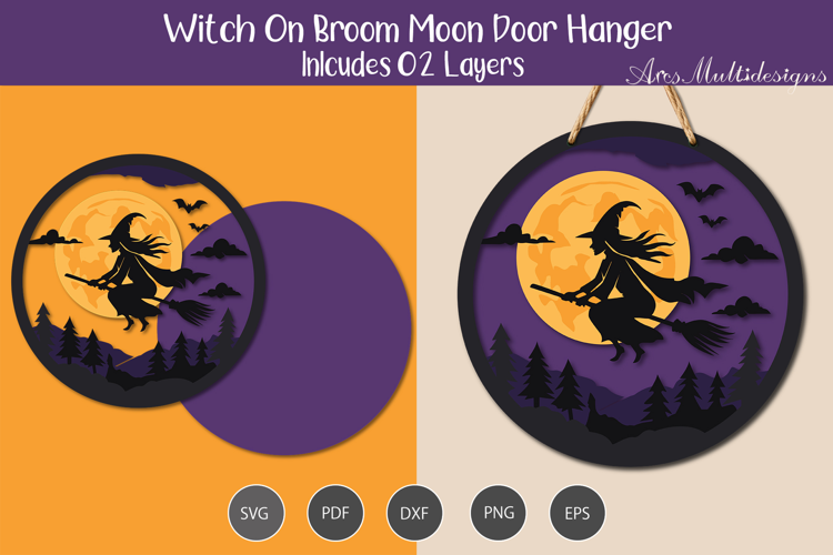 Witch on Broom moon door hanger SVG
