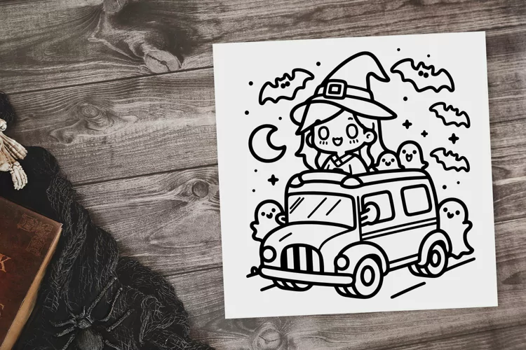 Witch on Bus Coloring Page SVG PNG - Halloween Coloring Page