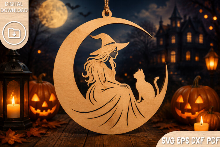 Witch on Moon Halloween Laser Cut SVG example image 1