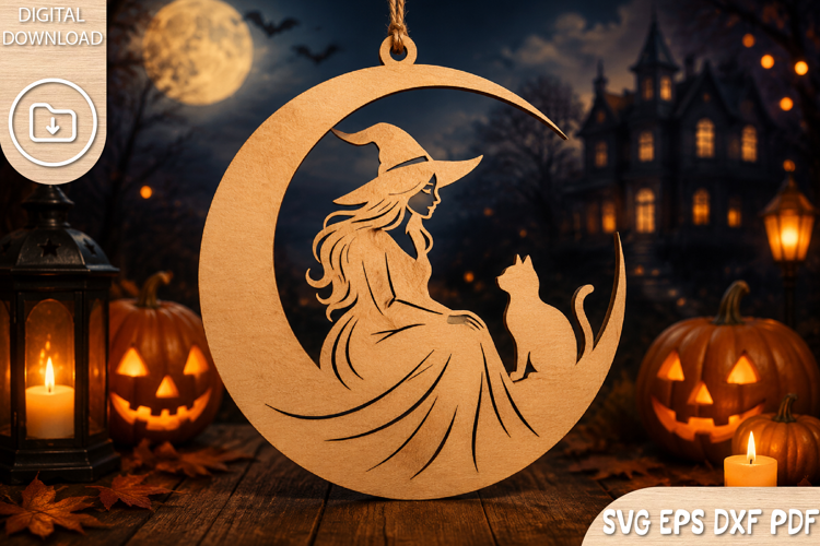 Witch on Moon Halloween Laser Cut SVG