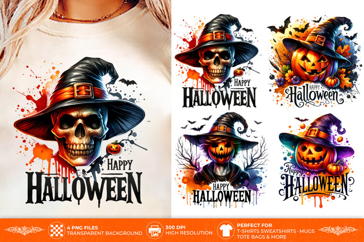 Bring bold spooky-season charm to your creative projects with this Witch Pumpkin Skull Halloween PNG featuring 4 spooky designs.