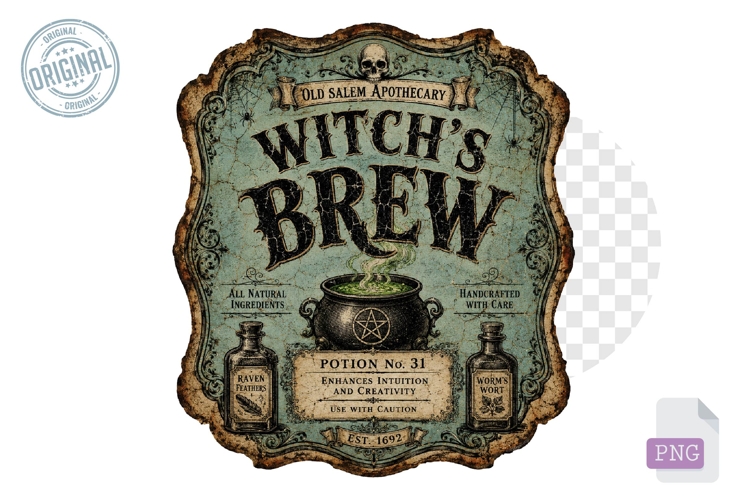 Witch’s Brew Vintage Halloween Apothecary Label PNG Design
