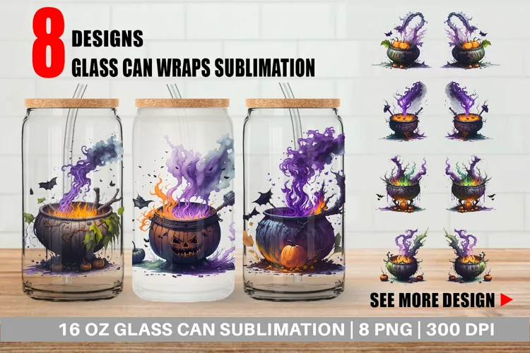 Witch's Cauldron Halloween Glass Can Wraps