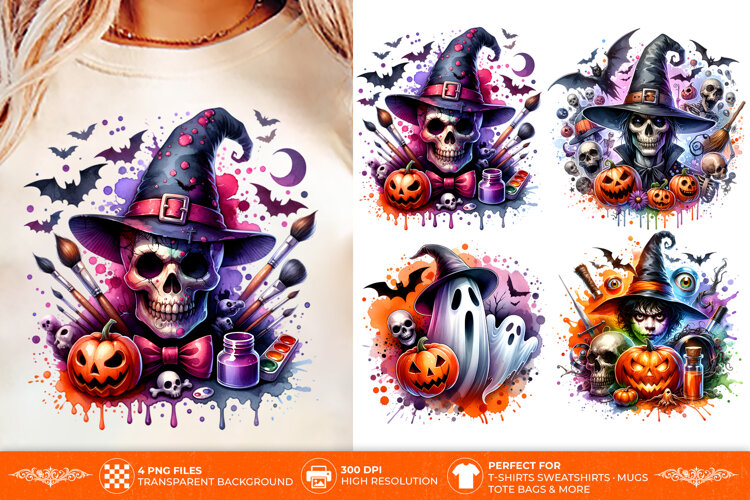Bring bold spooky-season style to your creative projects with this Witch Skull Ghost Pumpkin Halloween collection featuring 4 sublimation PNG designs.