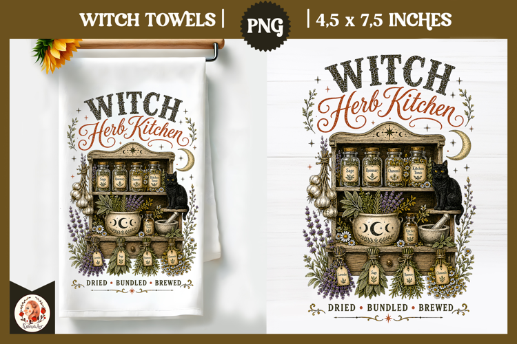 Witch Herb Kitchen. Vintage botanical witch design