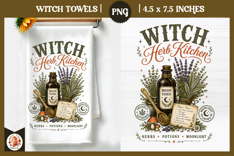 Witch Herb Kitchen. Vintage botanical witch design