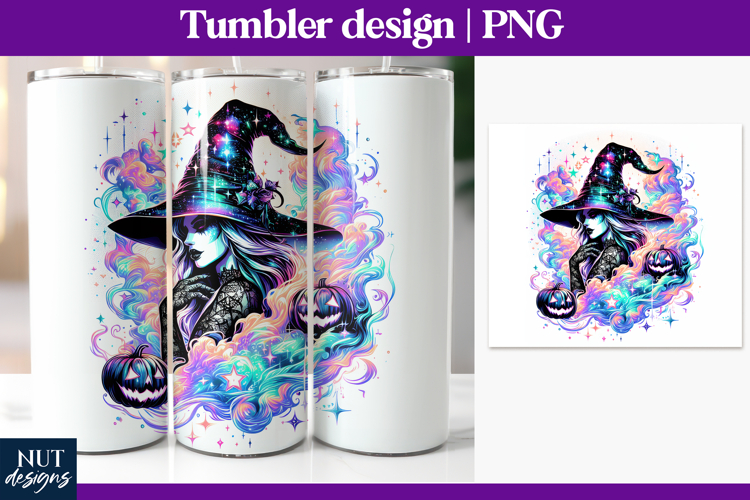 Neon Witch Tumbler PNG Witch with glowing rainbow smoke