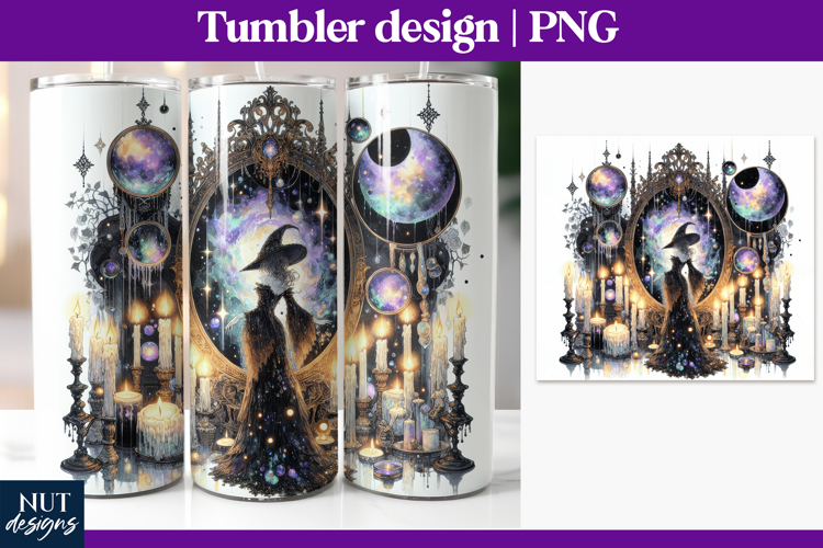 Celestial Witch Tumbler 20Oz Witch with black gothic dress