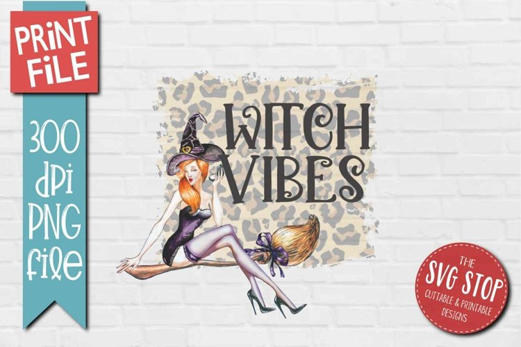 Witch Vibes Sublimation T-shirt Design on a cheetah background with a sexy witch on a broom