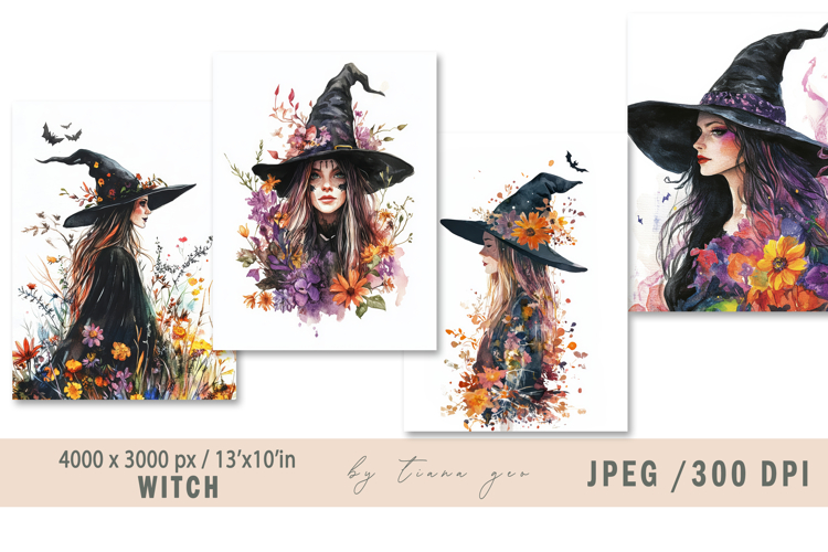 Cute watercolor Halloween witch illustration- 4jpeg files