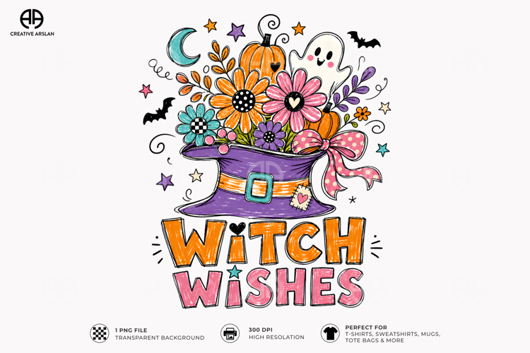 Witch Wishes Floral Clipart PNG - Cute Witch Halloween Shirt
