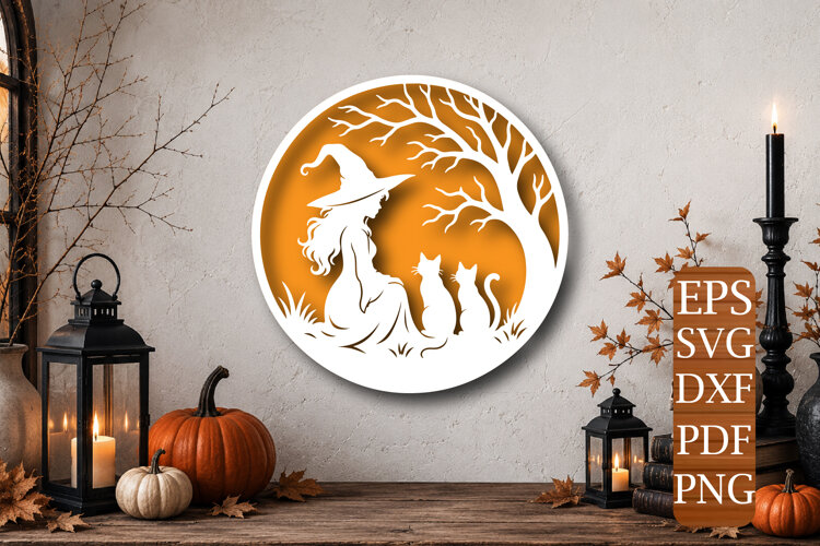 Witch with Black Cats Circle Laser Cut SVG example image 1