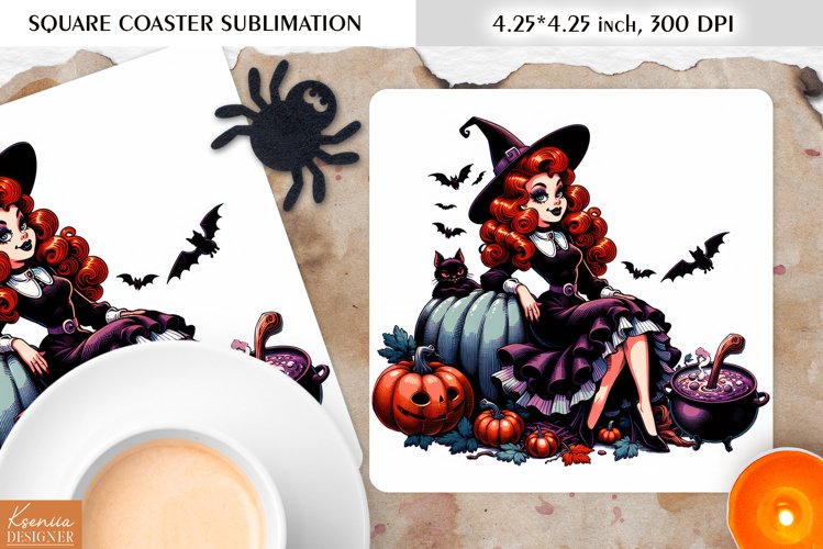 Halloween Vintage Witch| Retro Coffee Square Coaster Design