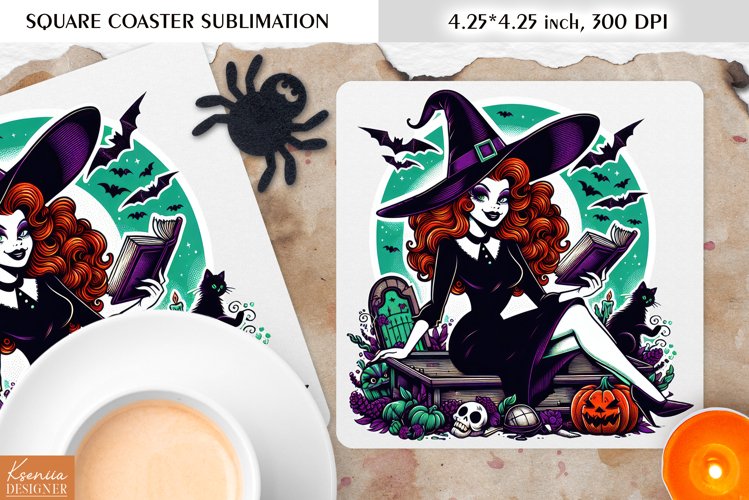 Halloween Vintage Witch| Retro Coffee Square Coaster Design