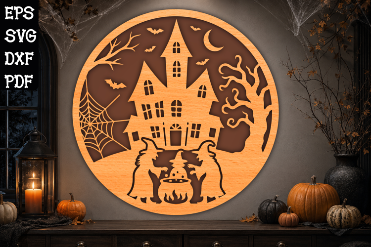 Witches Brewing Potion Haunted House Halloween Laser Cut SVG
