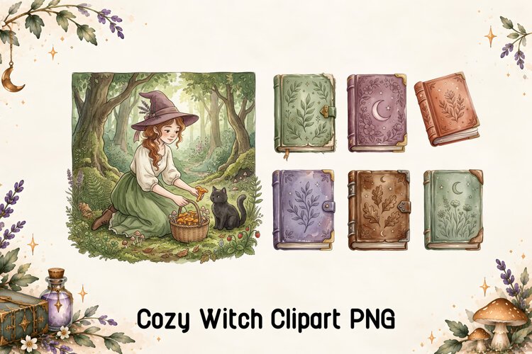 Cozy Witch Forest and Magic Books Clipart PNG example image 1