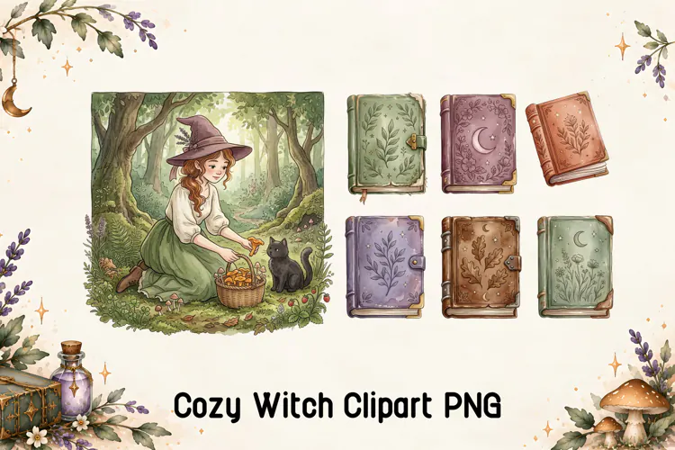 Cozy Witch Forest and Magic Books Clipart PNG