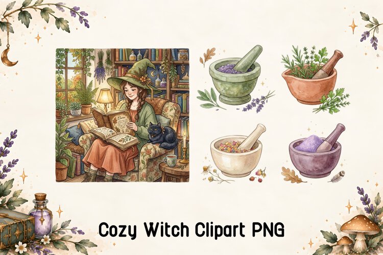 Cozy Witch Reading and Herbal Magic Clipart PNG example image 1