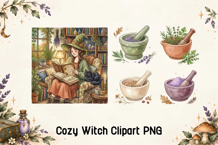 Cozy Witch Reading and Herbal Magic Clipart PNG