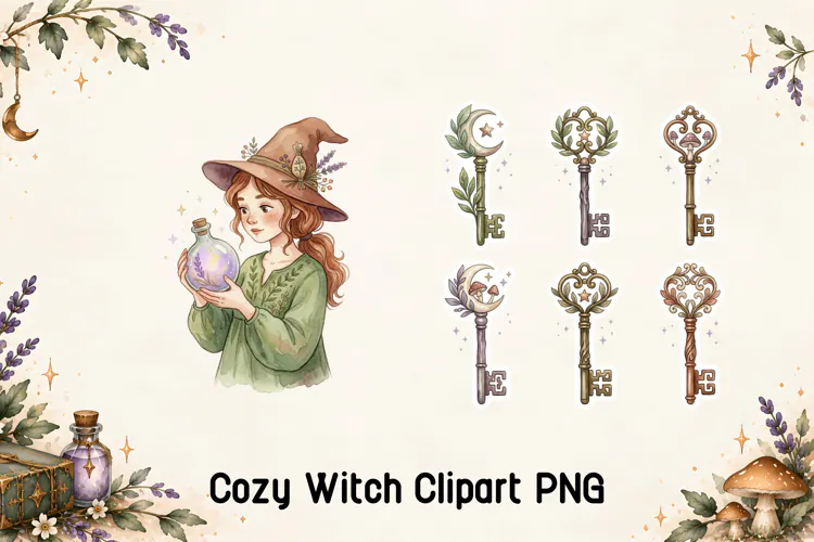 Cozy Witch Potion and Magic Keys Clipart PNG