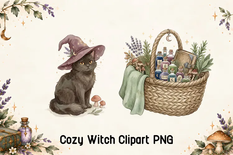 Witch Cat and Magical Potion Basket Clipart PNG