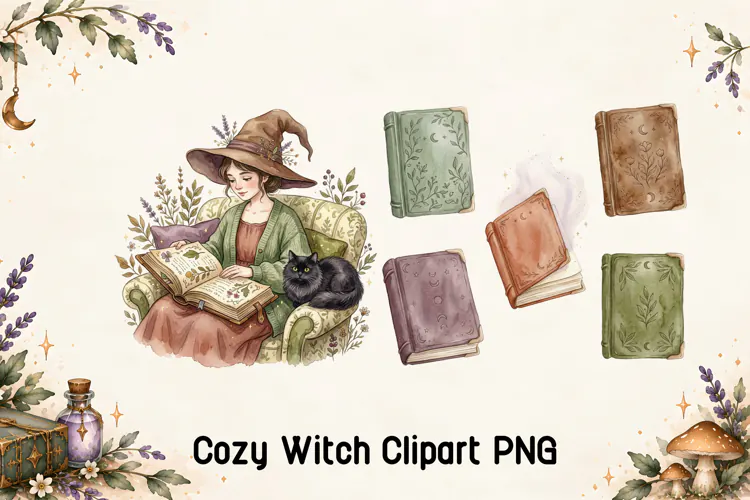 Cozy Reading Witch and Magic Books Clipart PNG