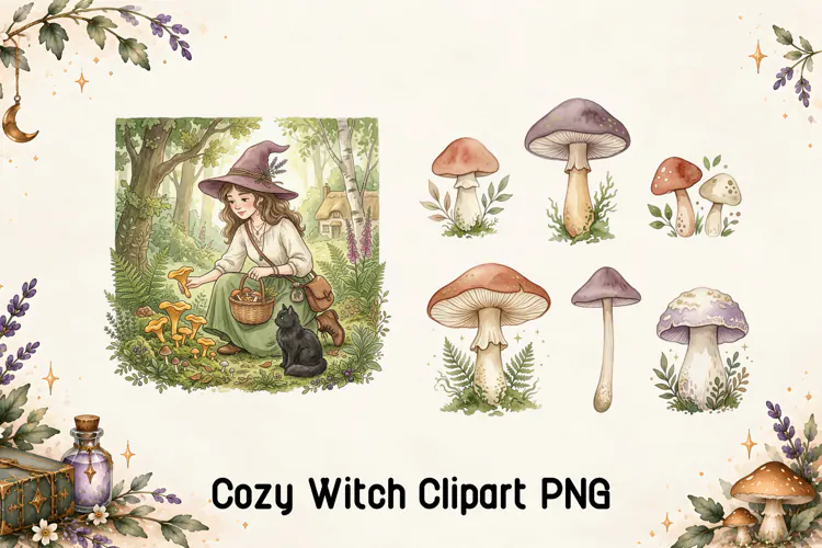 Cozy Witch Mushroom Forest Clipart PNG