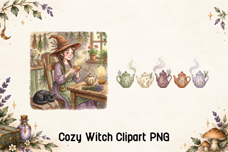 Cozy Witch Tea Time Clipart PNG example image 1