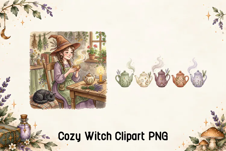 Cozy Witch Tea Time Clipart PNG