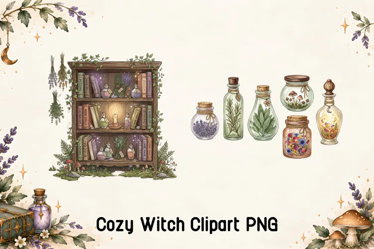 Witch Potion Shelf and Herb Bottles Clipart PNG