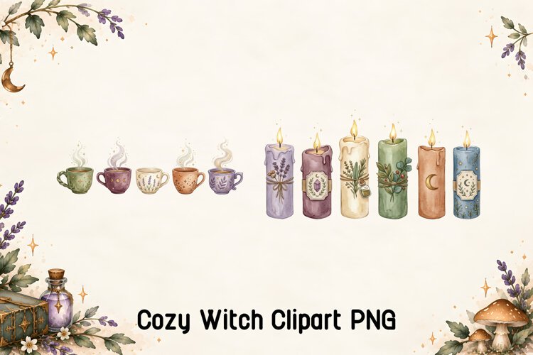Witchy Tea Cups and Botanical Candles Clipart PNG example image 1