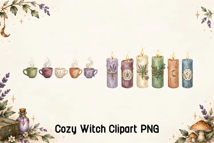 Witchy Tea Cups and Botanical Candles Clipart PNG
