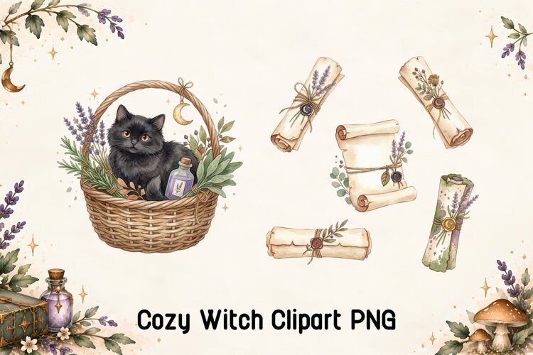 Black Cat Herb Basket and Magic Scrolls Clipart PNG example image 1